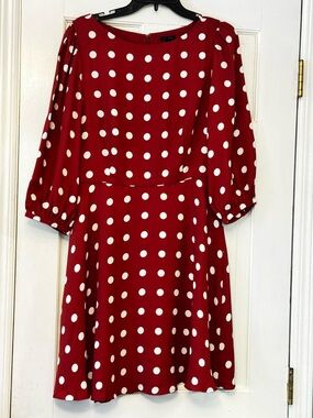 Ann Taylor Red with White Polka Dots Long Sleeve Fit-and-Flare Dress